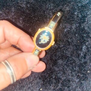 Vintage Andre Mouche Enamel Floral Watch: Swiss Made, Gold Tone Bangle,